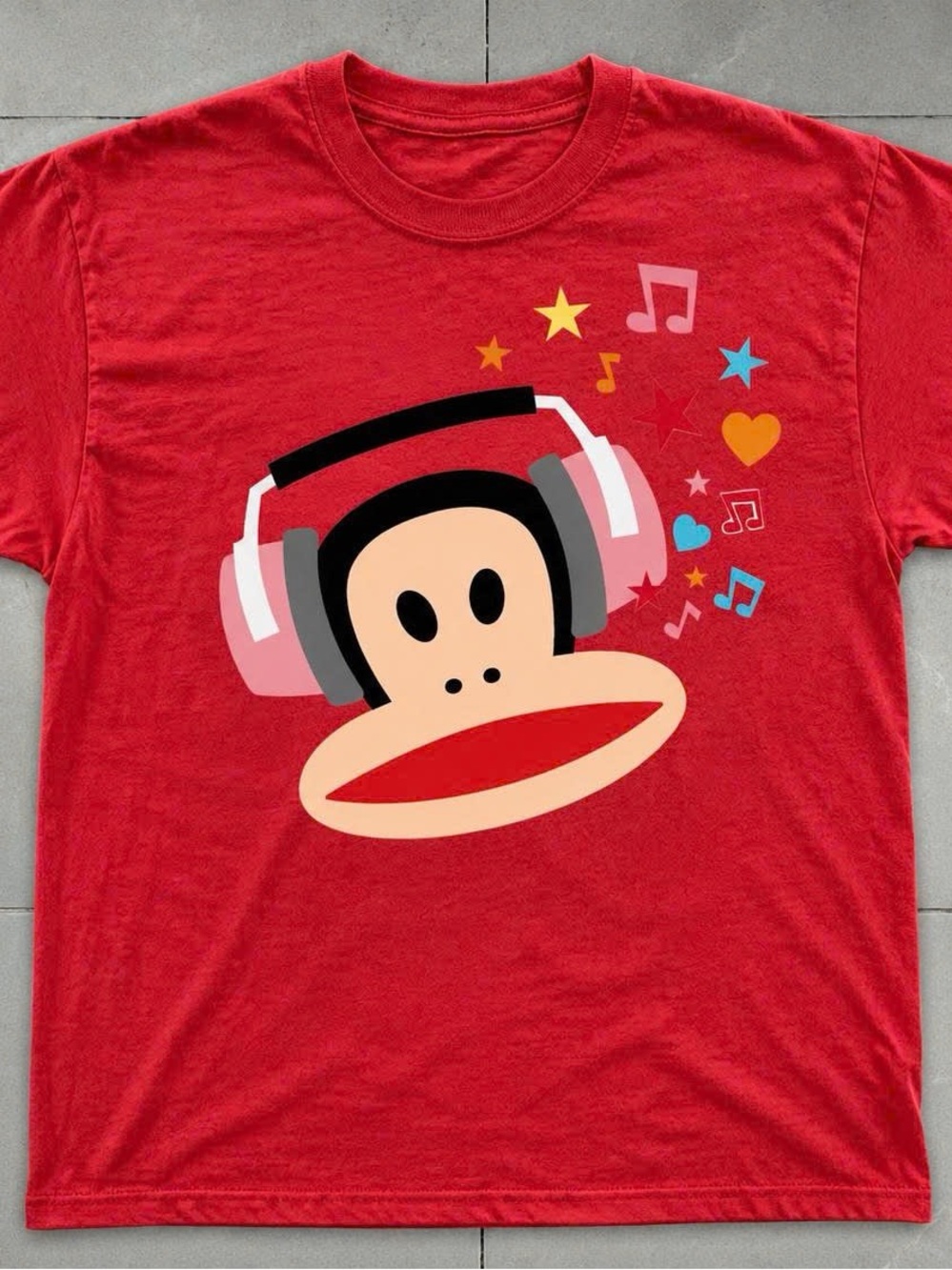 Gildan Red Tee with Pink Headphone Monkey Graphic